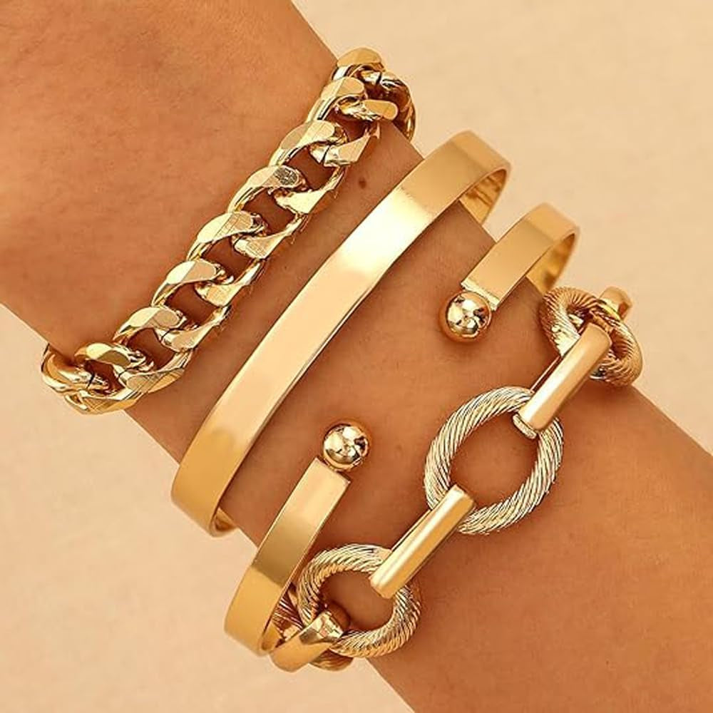 Chunky Gold Bracelets for Women Boho Stackable Bangle Cuff Bracelet Set Layered Link Chain Bracelet Adjustable Butterfly Pearl CZ Tennis Statement Bracelets Dainty Jewelry