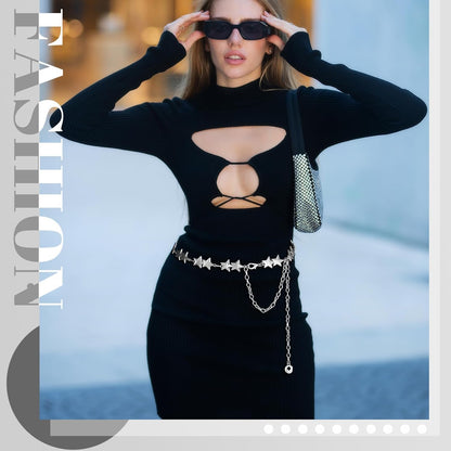2 Pcs Star Chain Belt for Women, Adjustable Y2K Metal Waist Belt - Punk Body Belt for Dresses, Jeans & Rave