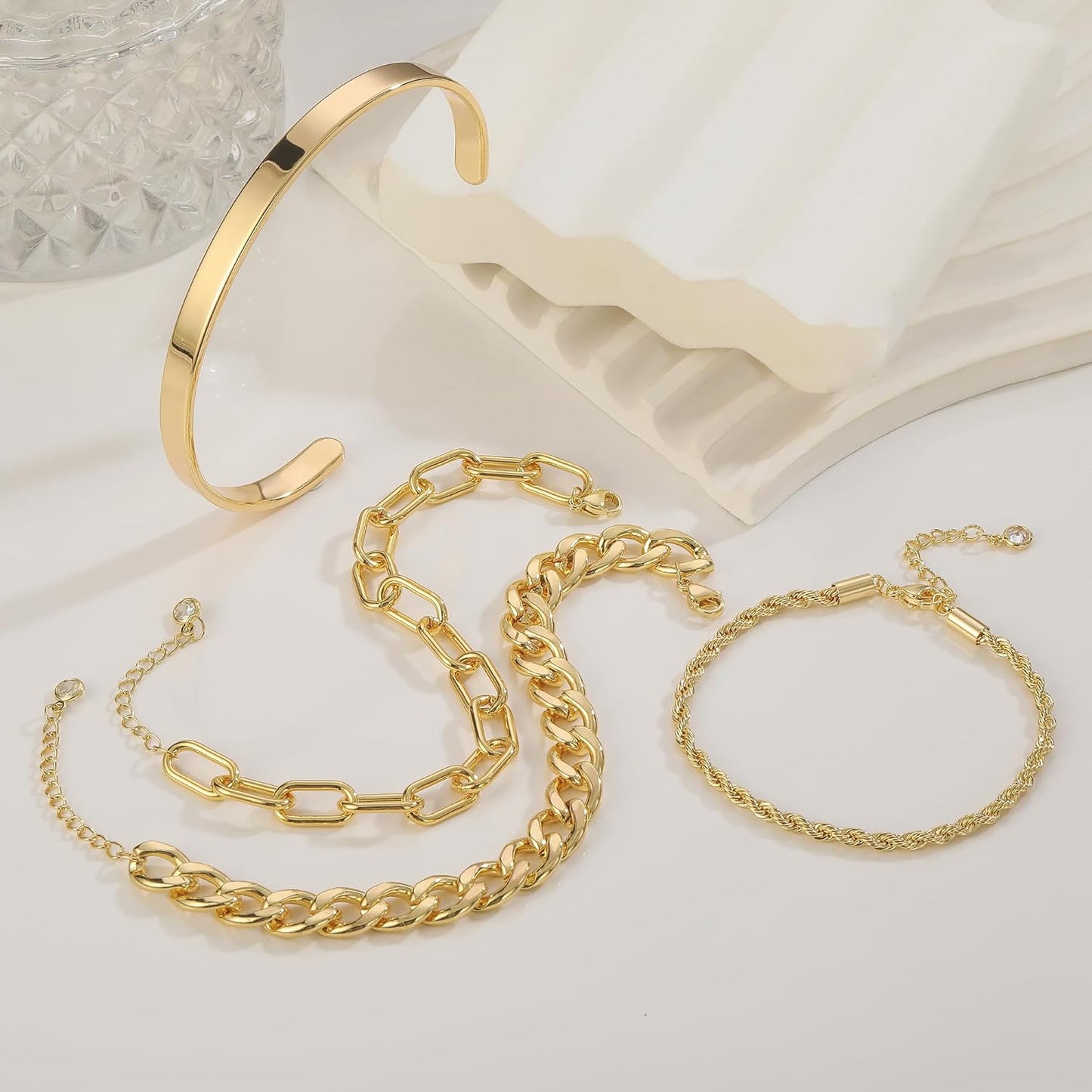 KOHOTA Chunky Gold Bracelets for Women Non Tarnish 14K Gold Plated Cuff Bracelet Stack Trendy Love Bangle Bracelets Stackable Tennis Bracelet Set Tie Knot Cuban Paperclip Figaro Chain Jewelry Gifts