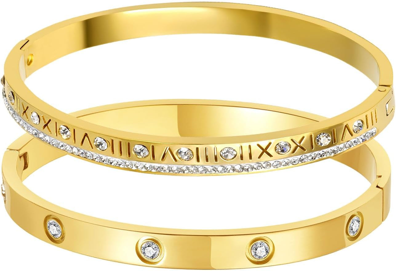 14K Gold Plated Bracelet Set for Women Love Friendship Bangle with Cubic Zirconia Stones Stainless Steel Bracelet Best Gifts for Women