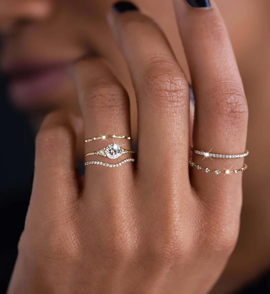 If YOU Gold Rings for Women Non Tarnish, Dainty 14K Gold Plated Stackable Cubic Zirconia Knuckle Ring Set, Trendy Statement Promise Wedding Bands Stacking Engagement Rings Size 6 7 8 9 10