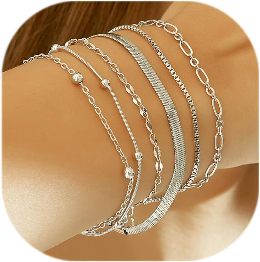 Wgoud Waterproof Gold Bracelets for Women Trendy, Dainty 14K Real Gold Plated Fashion Stackable Bracelet Sets for Women Thin Cuban Link Paperclip Chain Bracelets Layered Gold Jewelry Sets Gifts for Womens