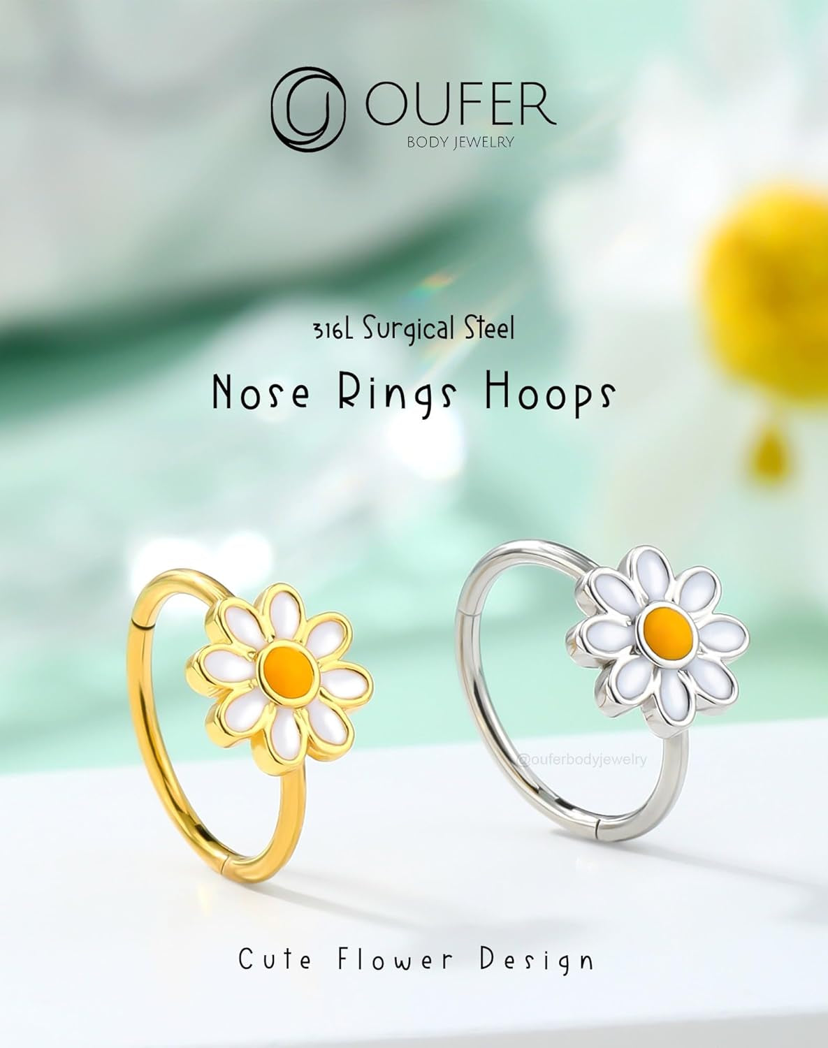 OUFER Nose Rings Hoops, 316L Surgical Steel Hinged Segment Nose Rings 20G, Silver Gold Nose Rings with Cute Daisy Design, Nose Nostril Piercing Jewelry for Women and Men