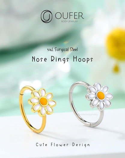 OUFER Nose Rings Hoops, 316L Surgical Steel Hinged Segment Nose Rings 20G, Silver Gold Nose Rings with Cute Daisy Design, Nose Nostril Piercing Jewelry for Women and Men