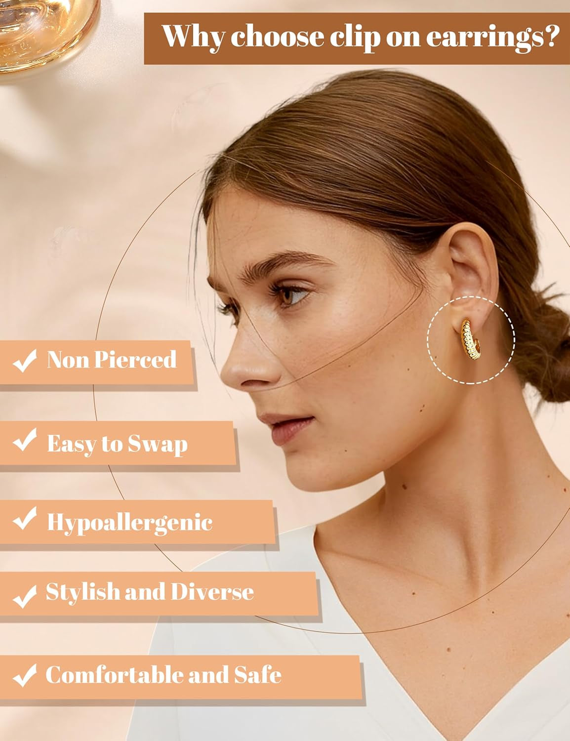 BESTEEL 3Pairs Clip on Earrings for Women Trendy Hypoallergenic 14K Gold Plated Chunky Tube Croissant Waterdrop Clip-On Hoop Earrings Set Fake Jewelry Non Pierced Ears