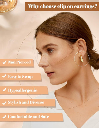 BESTEEL 3Pairs Clip on Earrings for Women Trendy Hypoallergenic 14K Gold Plated Chunky Tube Croissant Waterdrop Clip-On Hoop Earrings Set Fake Jewelry Non Pierced Ears
