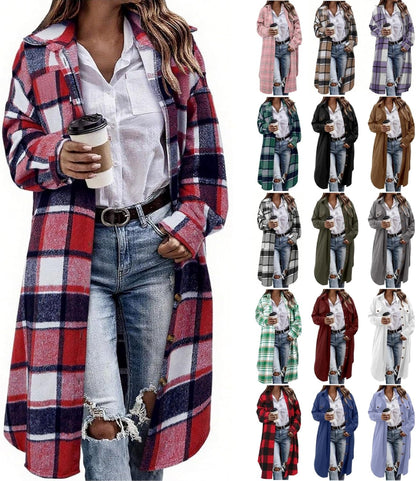 Flannel Shirt Women Plaid Jacket Womens Shacket Casual Lapel Button down Long Sleeve Trench Coat Warm Winter Jackets