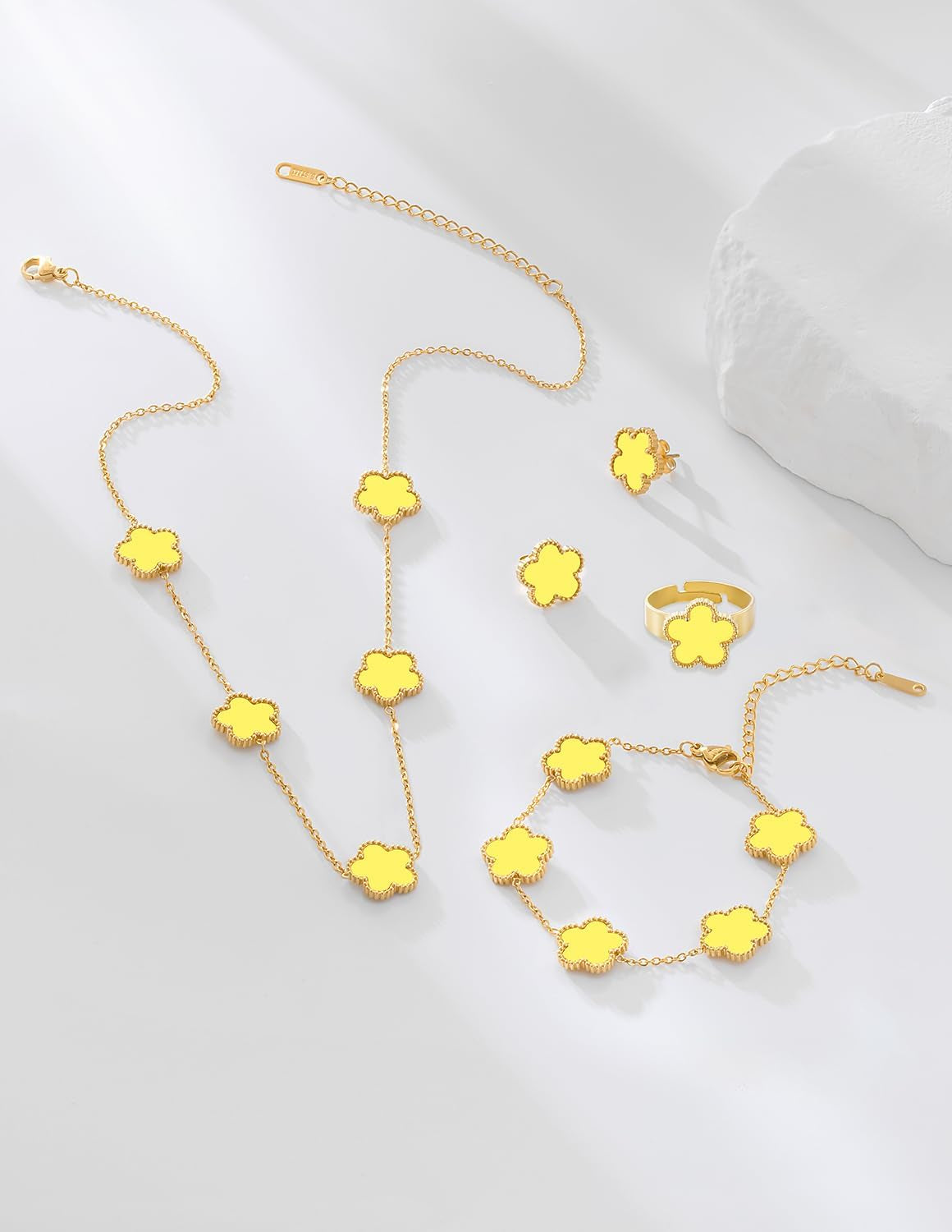 Gold Plated Stainless Steel Four Leaf Clover Bracelet Necklace Earrings and Ring Jewelry Set for Women