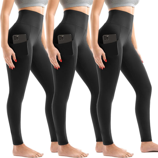 Woman showing deep functional pockets in high waist leggings