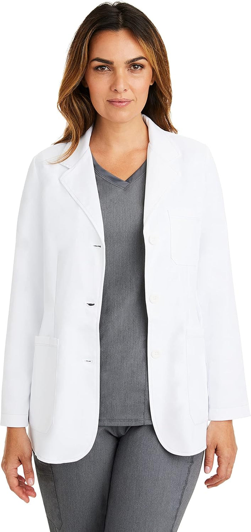 Women's white lab coat with four pockets and button front closure