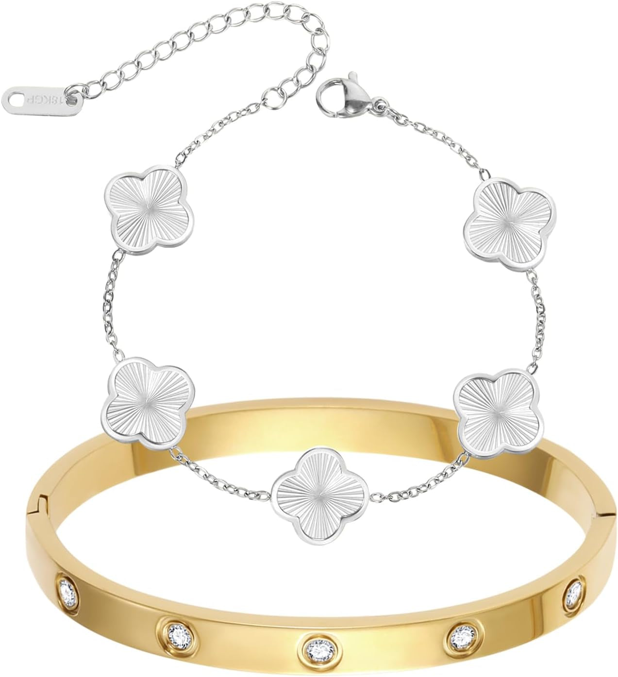 2Pcs 18K Gold Plated Clover Bracelet for Women Gold Love Bangle Four Leaf Clover Bracelet Set Gold Bracelets Stack Trendy Lucky Link Bracelets Jewelry Christmas Valentines Birthday Gifts for Women