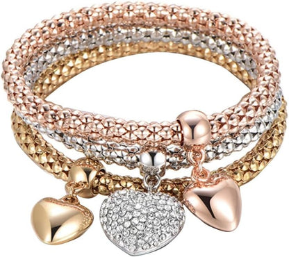 Hebelee 3 PCS Love Heart Pendant Wrist Bangles Bracelets Set for Women Clear Crystal Resin Corn Stacking Wristband Elastic Adjustable Cuff Wrap Bracelet Lightweight Retro Chic Geometric Jewelry
