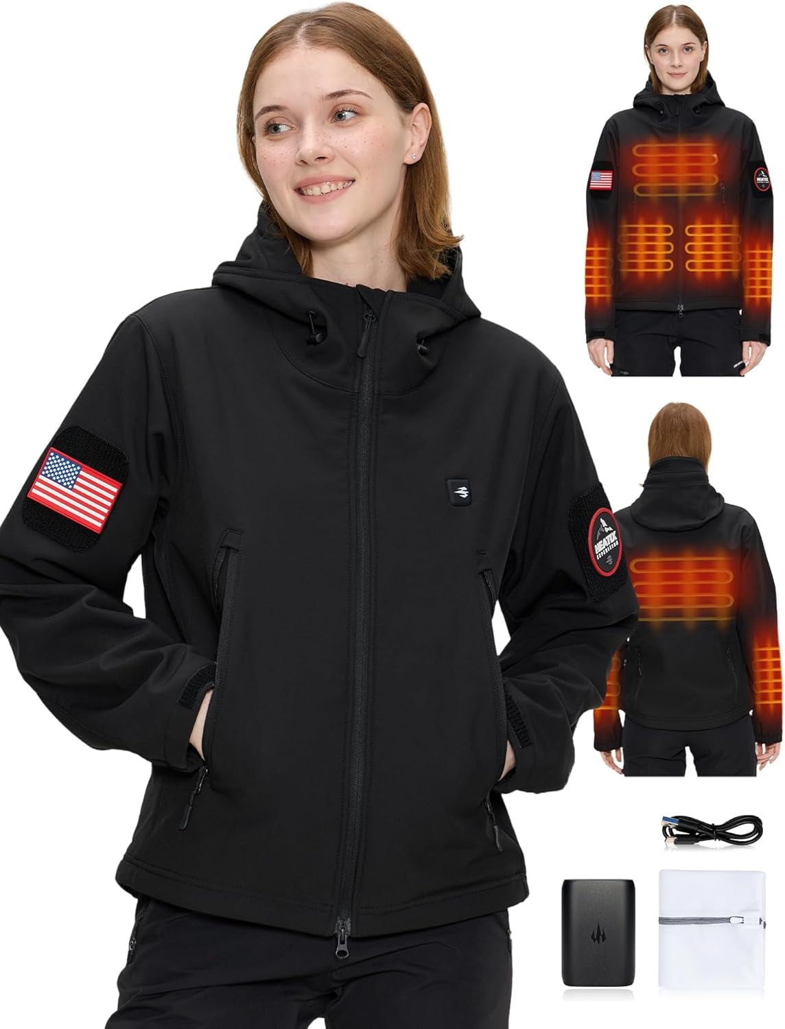 Women's soft shell electric heated jacket with 5 heat zones