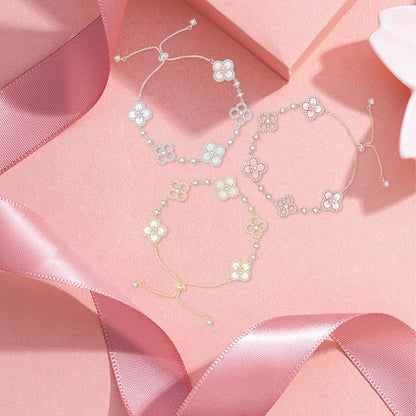 3Pcs Gold Plated Clover Bracelets for Women Trendy Lucky Sliver Four Leaf Clover Bracelet Set Stack White/Pink/Golden Jewelry Charm Flower Pulseras Para Mujer Birthday Gifts for Women/Mom/Friends