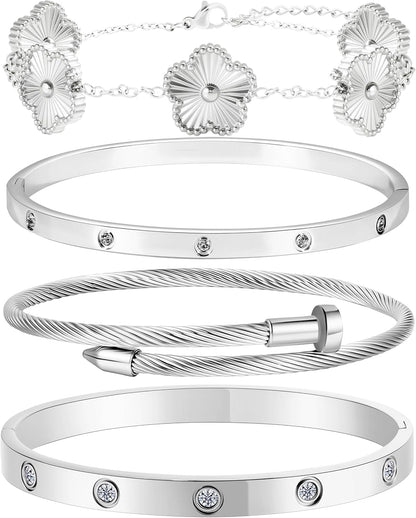 18K Gold Bracelets for Women - Stackable Clover & Nail Love Bangle Set - Non-Tarnish Stainless Steel Jewelry Gift for Valentine'S, Mother'S Day & Christmas