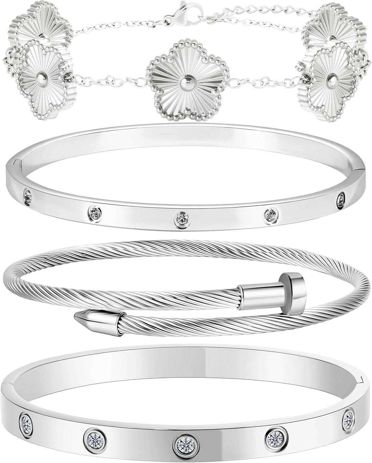 18K Gold Bracelets for Women - Stackable Clover & Nail Love Bangle Set - Non-Tarnish Stainless Steel Jewelry Gift for Valentine'S, Mother'S Day & Christmas