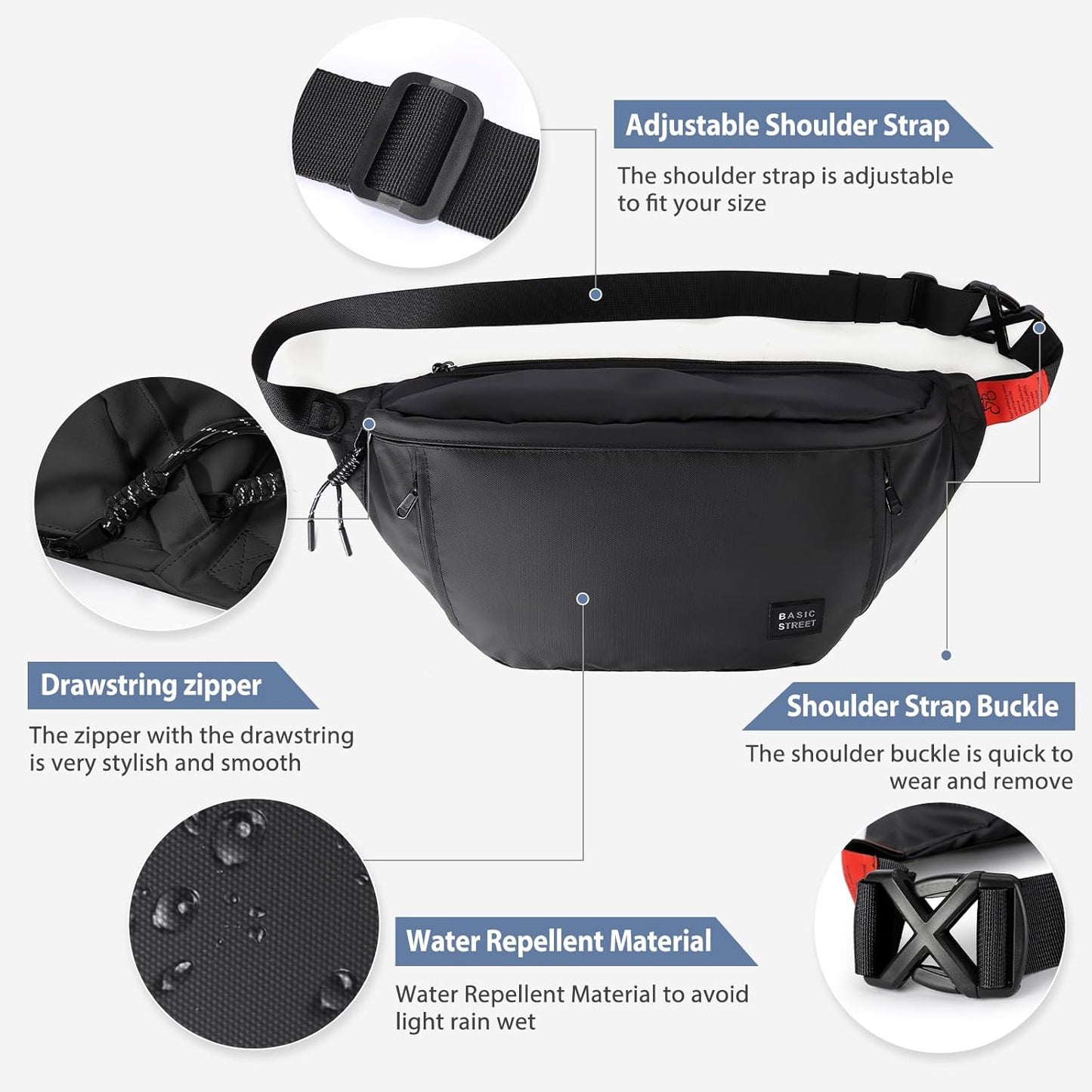 Large fanny pack flat lay showing all compartments and zippers