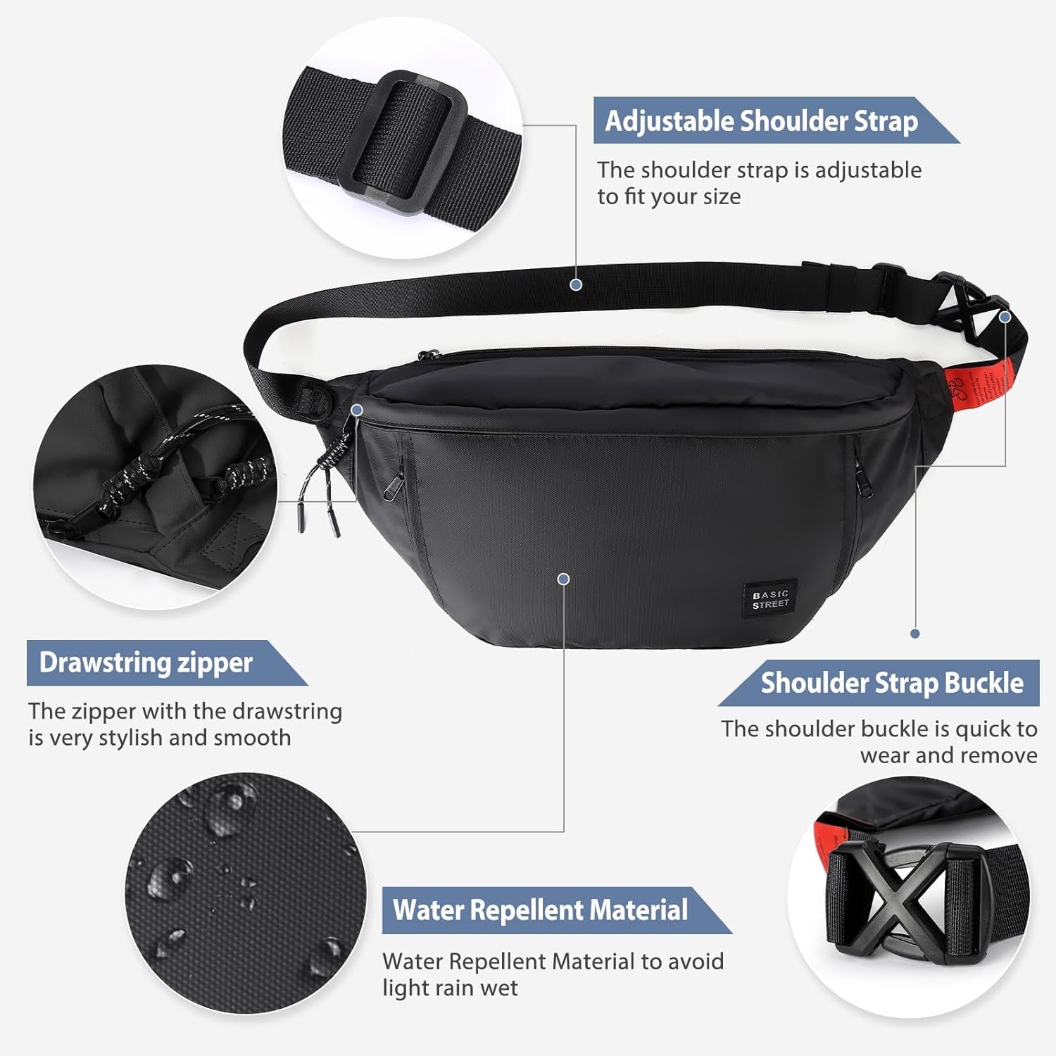 Large fanny pack flat lay showing all compartments and zippers