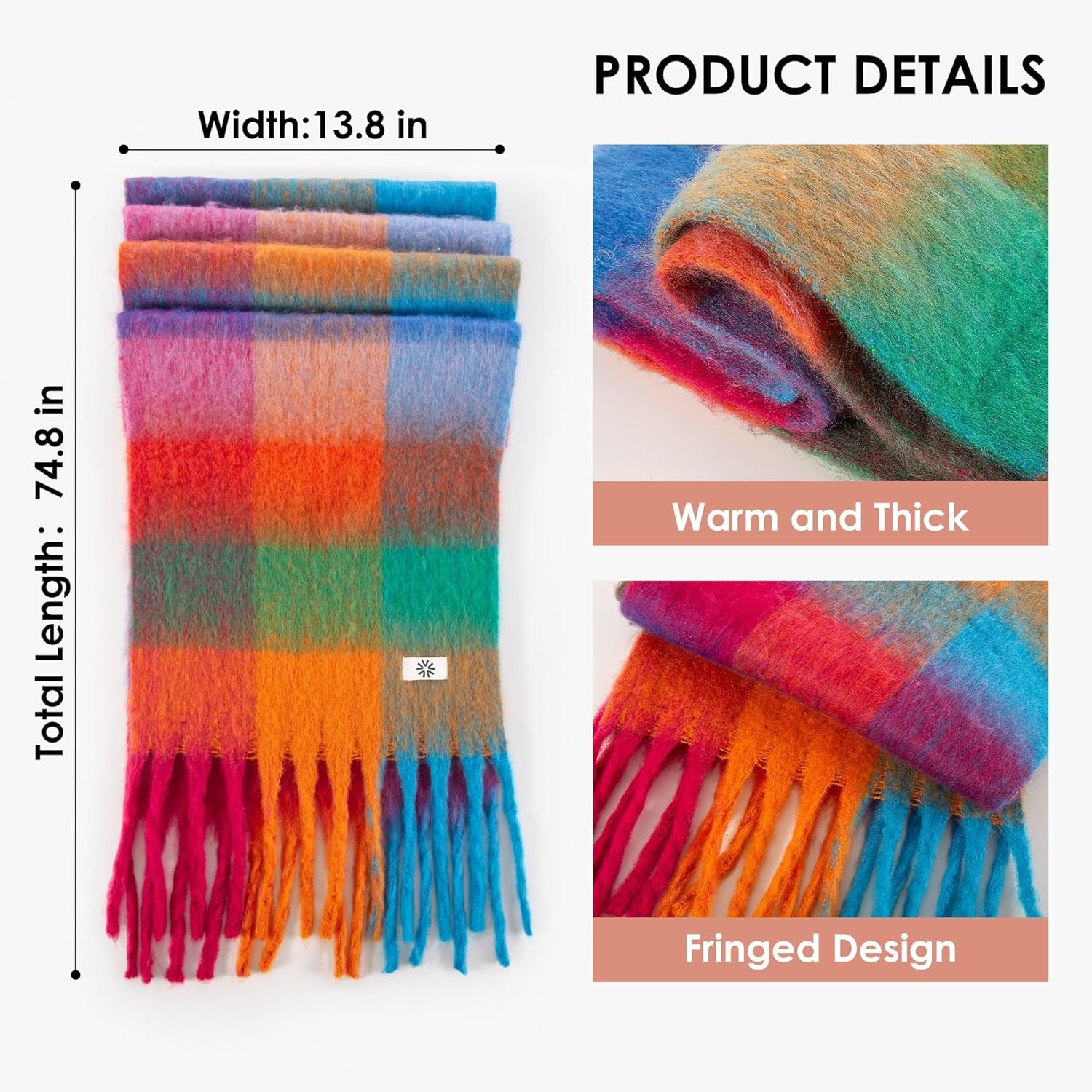 Womens Winter Scarf, Cashmere Feel Tassel Plaid Fashion Scarfs Colorful Plaid Long Shawl Large Scarves