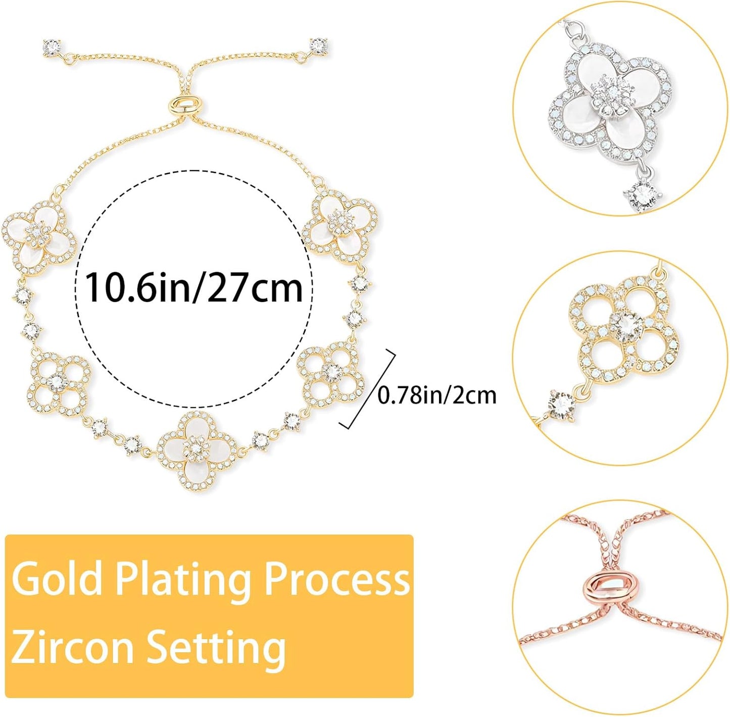 3Pcs Gold Plated Clover Bracelets for Women Trendy Lucky Sliver Four Leaf Clover Bracelet Set Stack White/Pink/Golden Jewelry Charm Flower Pulseras Para Mujer Birthday Gifts for Women/Mom/Friends