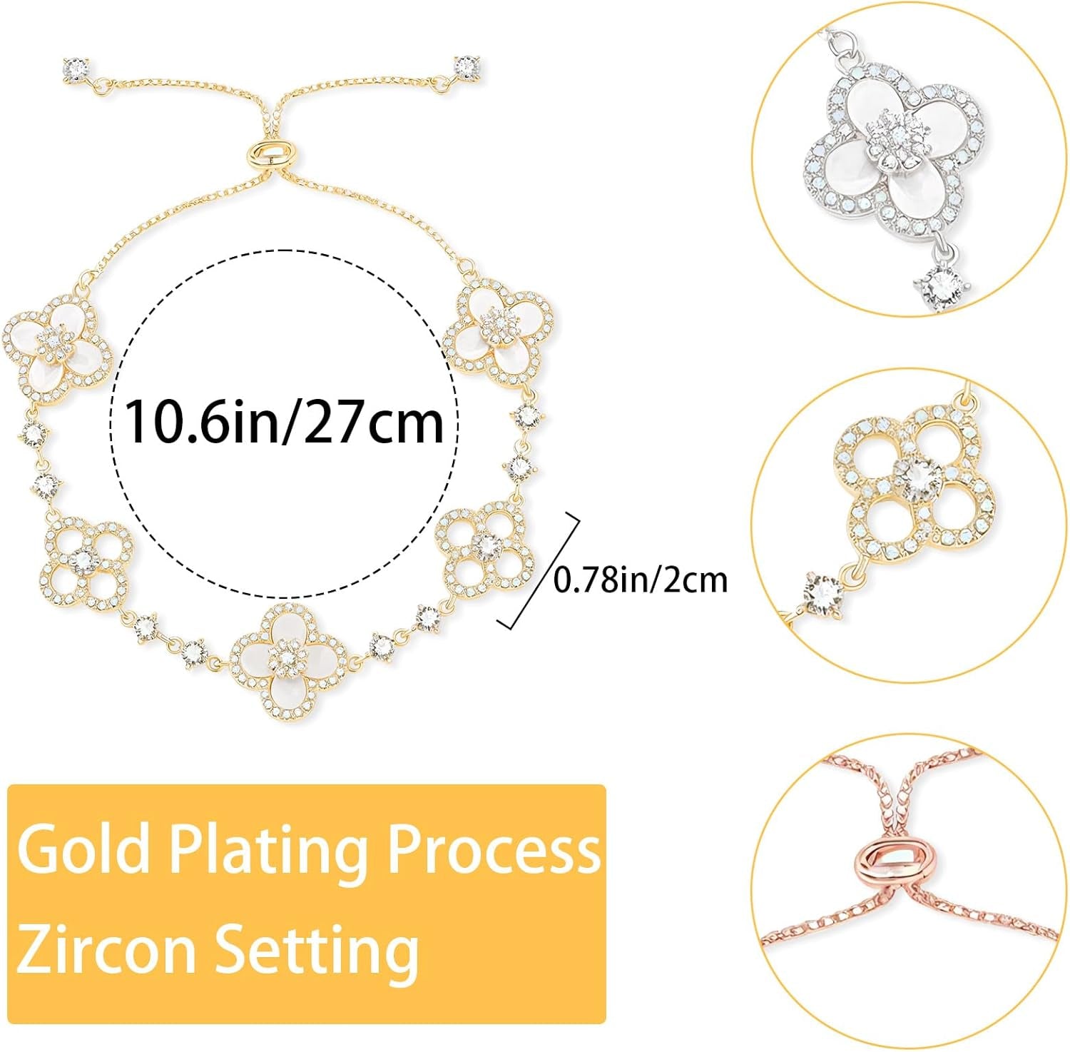 3Pcs Gold Plated Clover Bracelets for Women Trendy Lucky Sliver Four Leaf Clover Bracelet Set Stack White/Pink/Golden Jewelry Charm Flower Pulseras Para Mujer Birthday Gifts for Women/Mom/Friends