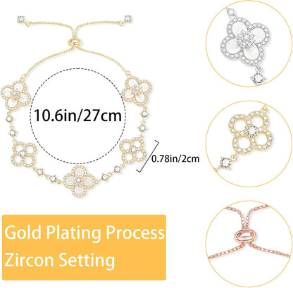 3Pcs Gold Plated Clover Bracelets for Women Trendy Lucky Sliver Four Leaf Clover Bracelet Set Stack White/Pink/Golden Jewelry Charm Flower Pulseras Para Mujer Birthday Gifts for Women/Mom/Friends