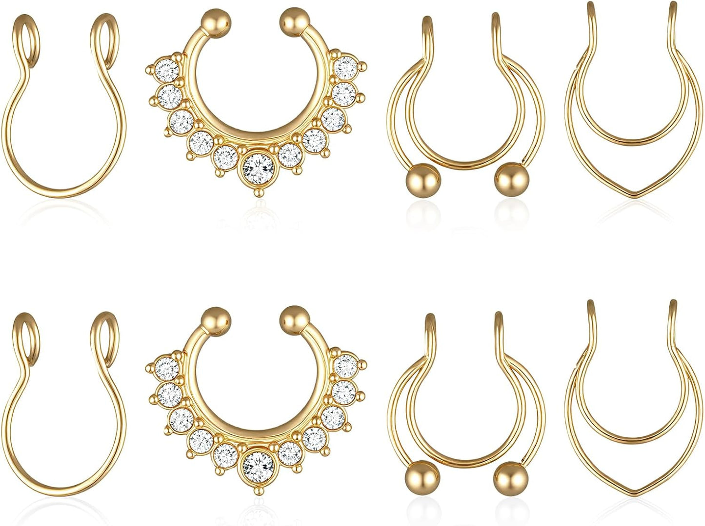 Fake Nose Ring, 8 Pcs Stainless Steel Fake Septum Piercing Faux Septum Rings Faux Clip on Nose Ring for Women Men Non Piercing Nose Jewelry (Gold)