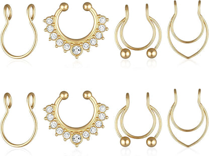 Fake Nose Ring, 8 Pcs Stainless Steel Fake Septum Piercing Faux Septum Rings Faux Clip on Nose Ring for Women Men Non Piercing Nose Jewelry (Gold)