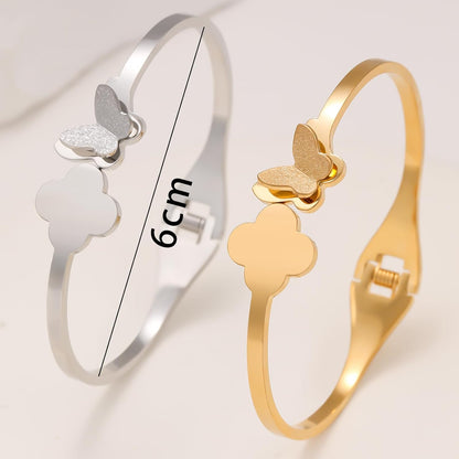 18 K Gold Plated Double Bangle Bracelet Stack Love Jewelry Set for Women Gift with Box (Butterfly)