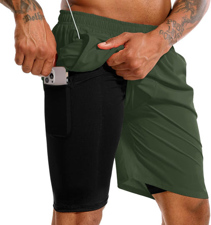 TENJOY Men'S 2 in 1 Running Shorts 5 in or 7 in Quick Dry Gym Athletic Workout Shorts for Men with Phone Pockets