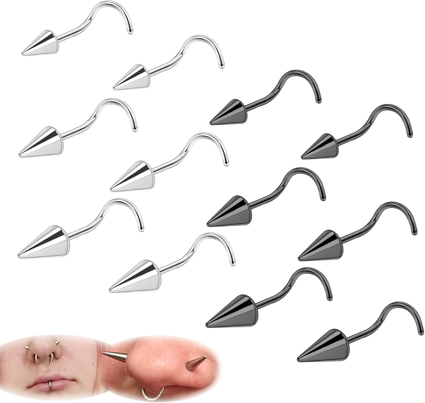 ZS 20G Spike Nose Rings Studs, 18G Stainless Steel Spike Stud Earrings, 16G Septum Lip Rings Cartilage Tragus Helix Piercing for Women Men