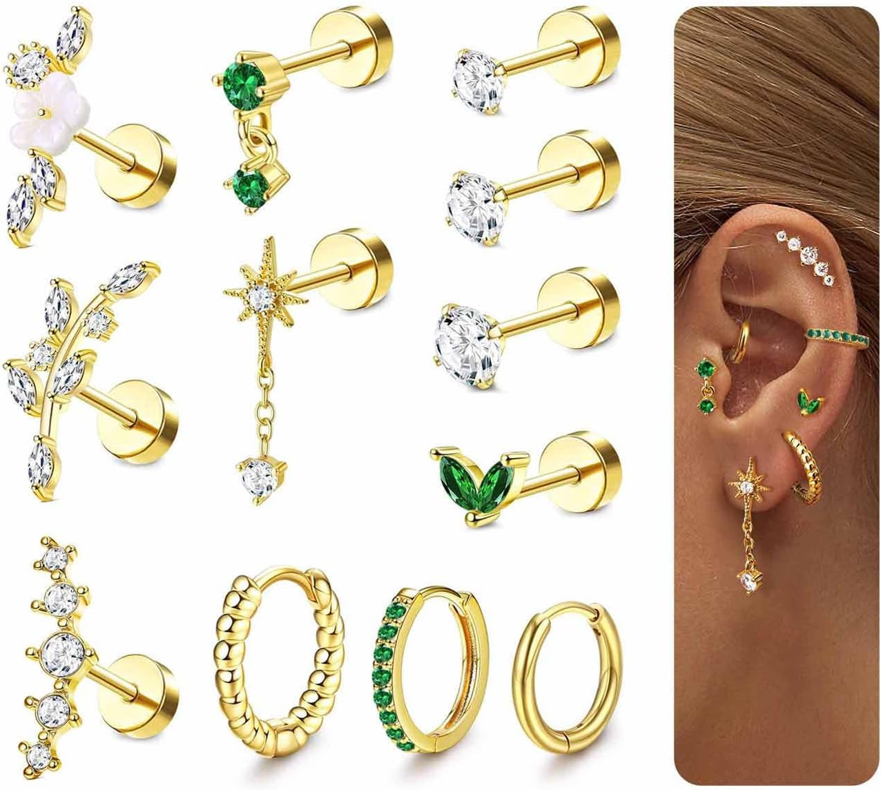 LOLIAS 16 Gauge Cartilage Earrings for Women Flat Back-Hypoallergenic Surgical Stainless Steel Stud Hoop Cartilage Earring Set Daith Conch Tragus Helix Piercing Jewelry Single PC