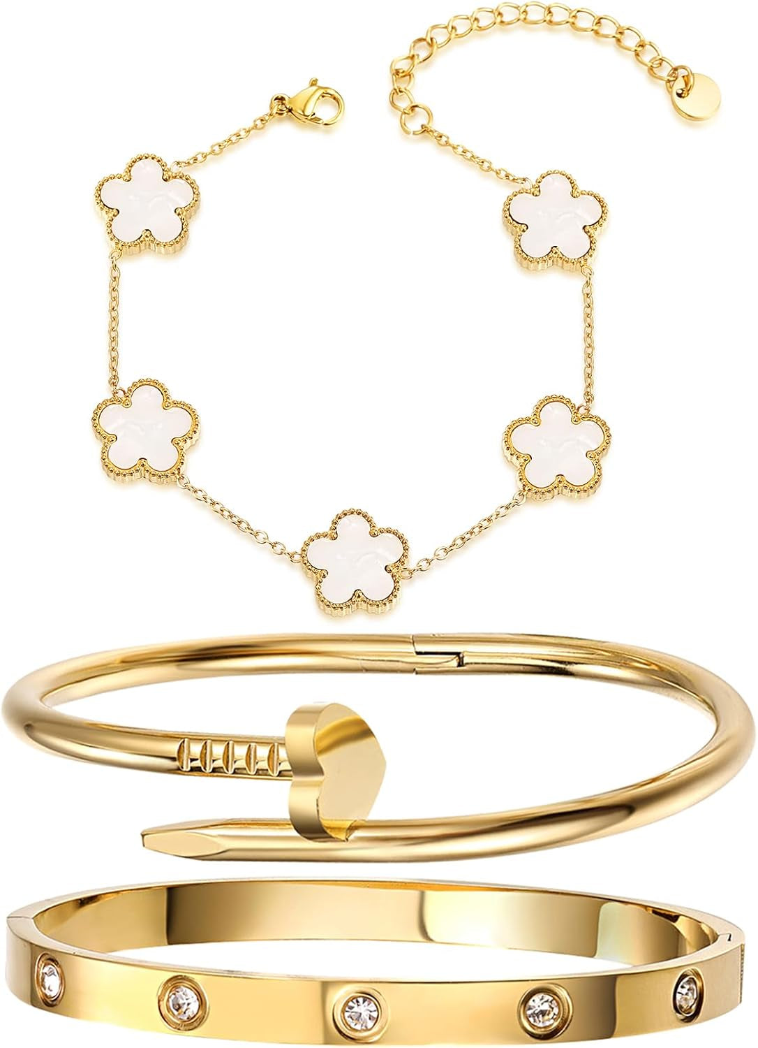 18K Gold Plated Stainless Steel Love Nail Bangle Clover Bracelet Set Stackable Dupes for Love Trendy Jewelry