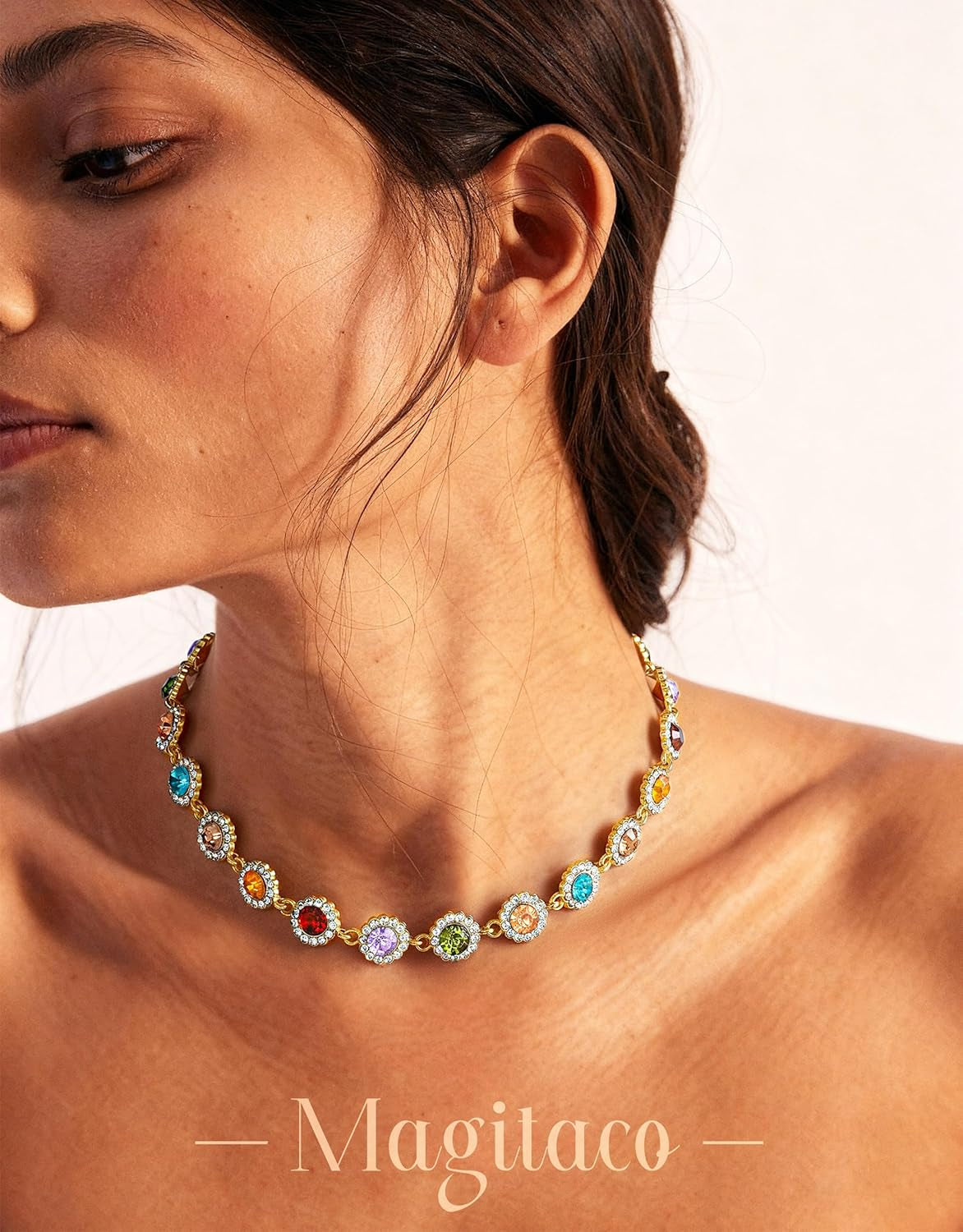 Magitaco Colorful Rhinestone Choker Necklace for Women, Gold Plated Rainbow Crystal Necklaces, Trendy Gemstone Necklace Jewelry for Beach Prom