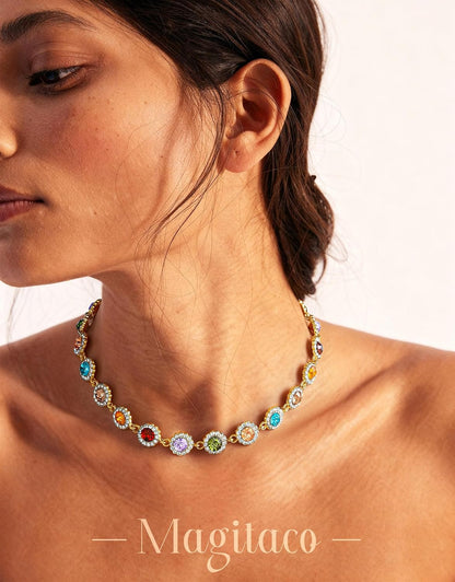 Magitaco Colorful Rhinestone Choker Necklace for Women, Gold Plated Rainbow Crystal Necklaces, Trendy Gemstone Necklace Jewelry for Beach Prom