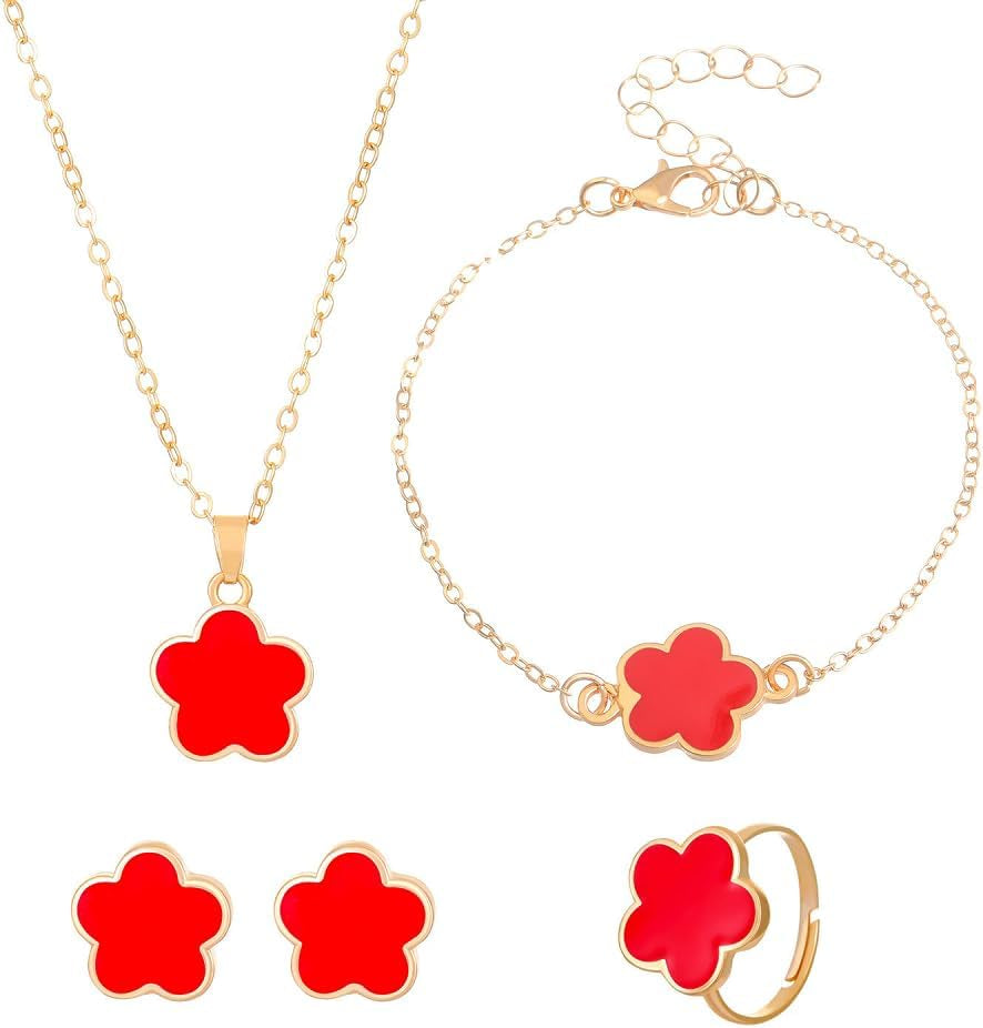 Caiyao Multicolor Five-Leaf Clover Blossom Flower Earrings Necklace Bracelet and Ring Set Lucky Five-Leaf Blossom Flower Jewelry Set for Women