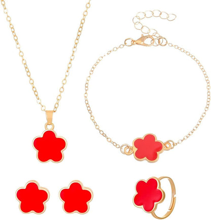 Caiyao Multicolor Five-Leaf Clover Blossom Flower Earrings Necklace Bracelet and Ring Set Lucky Five-Leaf Blossom Flower Jewelry Set for Women