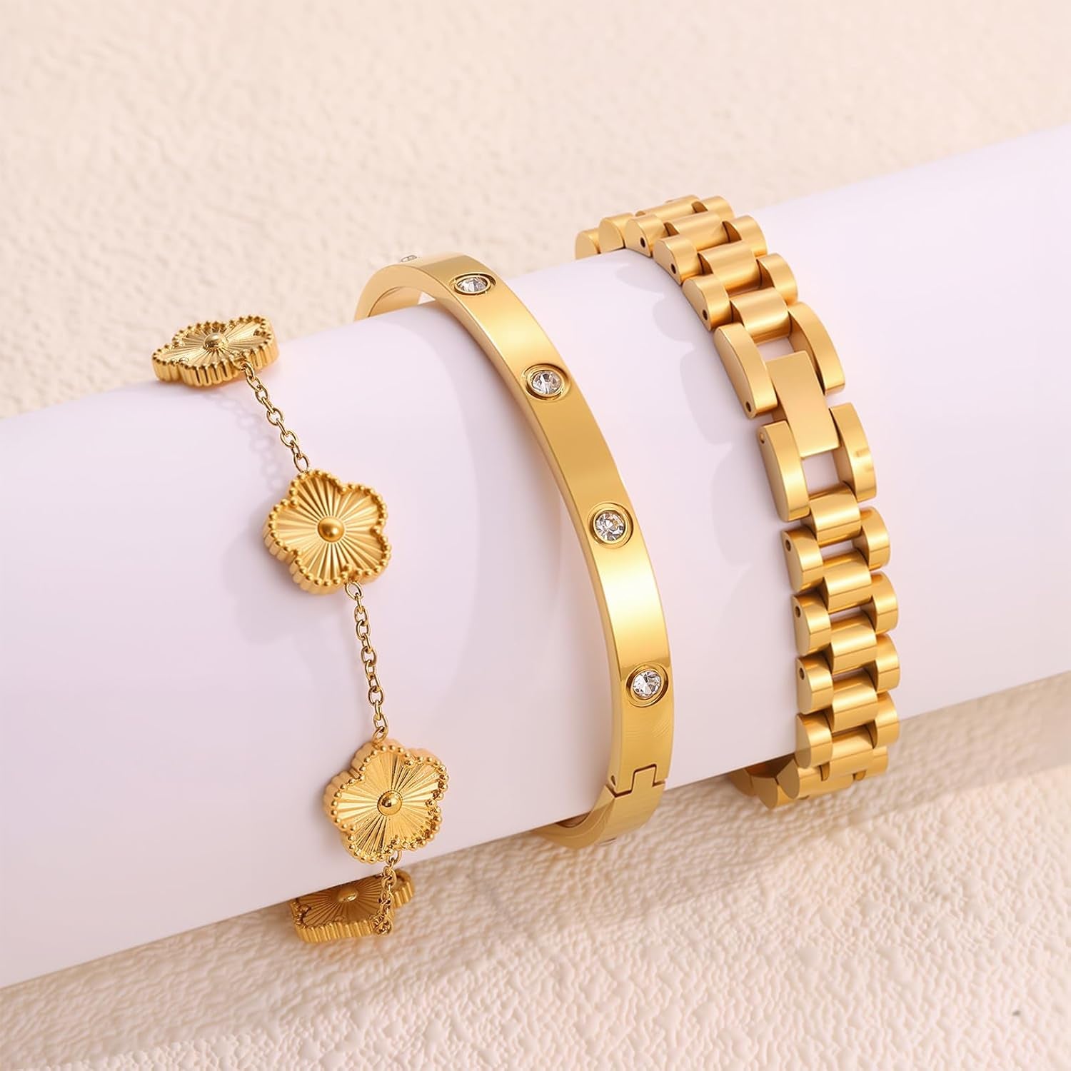 18K Gold Clover Bracelet for Women - Stackable Crystal Love Bangle & Friendship Link Bracelets, Non-Tarnish Stainless Steel Trendy Jewelry Gift with Adjustable Tool