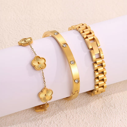 18K Gold Clover Bracelet for Women - Stackable Crystal Love Bangle & Friendship Link Bracelets, Non-Tarnish Stainless Steel Trendy Jewelry Gift with Adjustable Tool