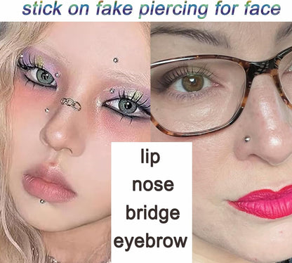 Longita Fake Lip Ring and Nose Piercing Set - Ball Spike, Hoop, Stud, Stick-On Bridge and Eyebrow Ring - Silver, Gold, Black