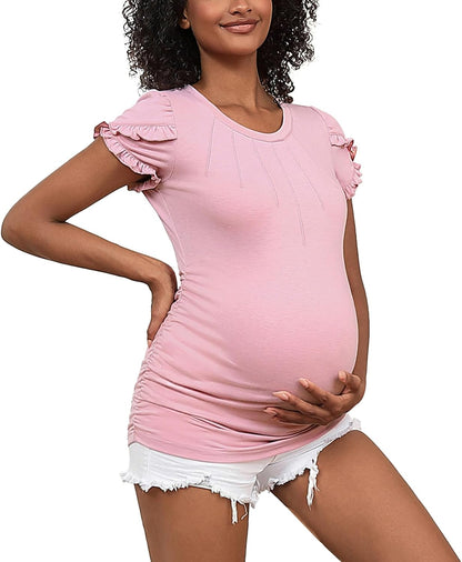 GINKANA Maternity Tops Short Petal Sleeve Tshirt Pleated round Neck Tee Ruched Sides Shirts Casual Tunic