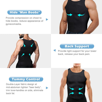 Male model wearing tummy control compression undershirt demonstrating flat stomach effect
