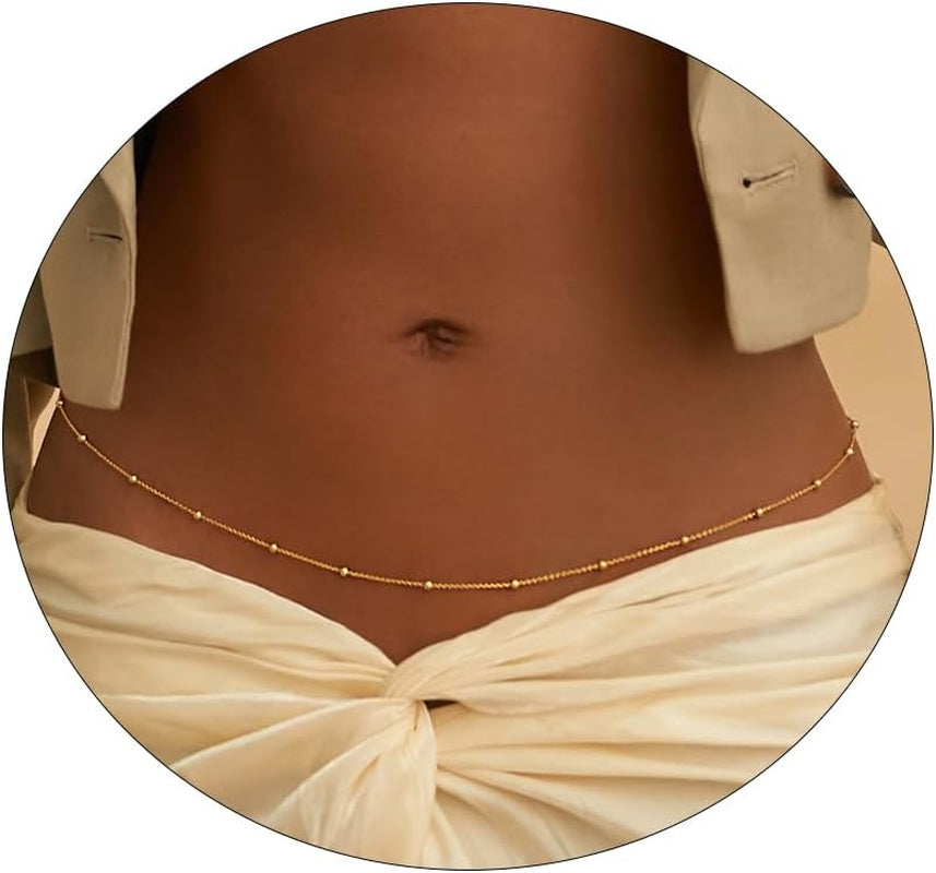 2PCS 18K Gold Plated Waist Chain Satellite Body Chain Layered Rope Waist Chains Sexy Bikini Beach Waist Chain for Women Waterproof Adjustable 26.5-33Inch
