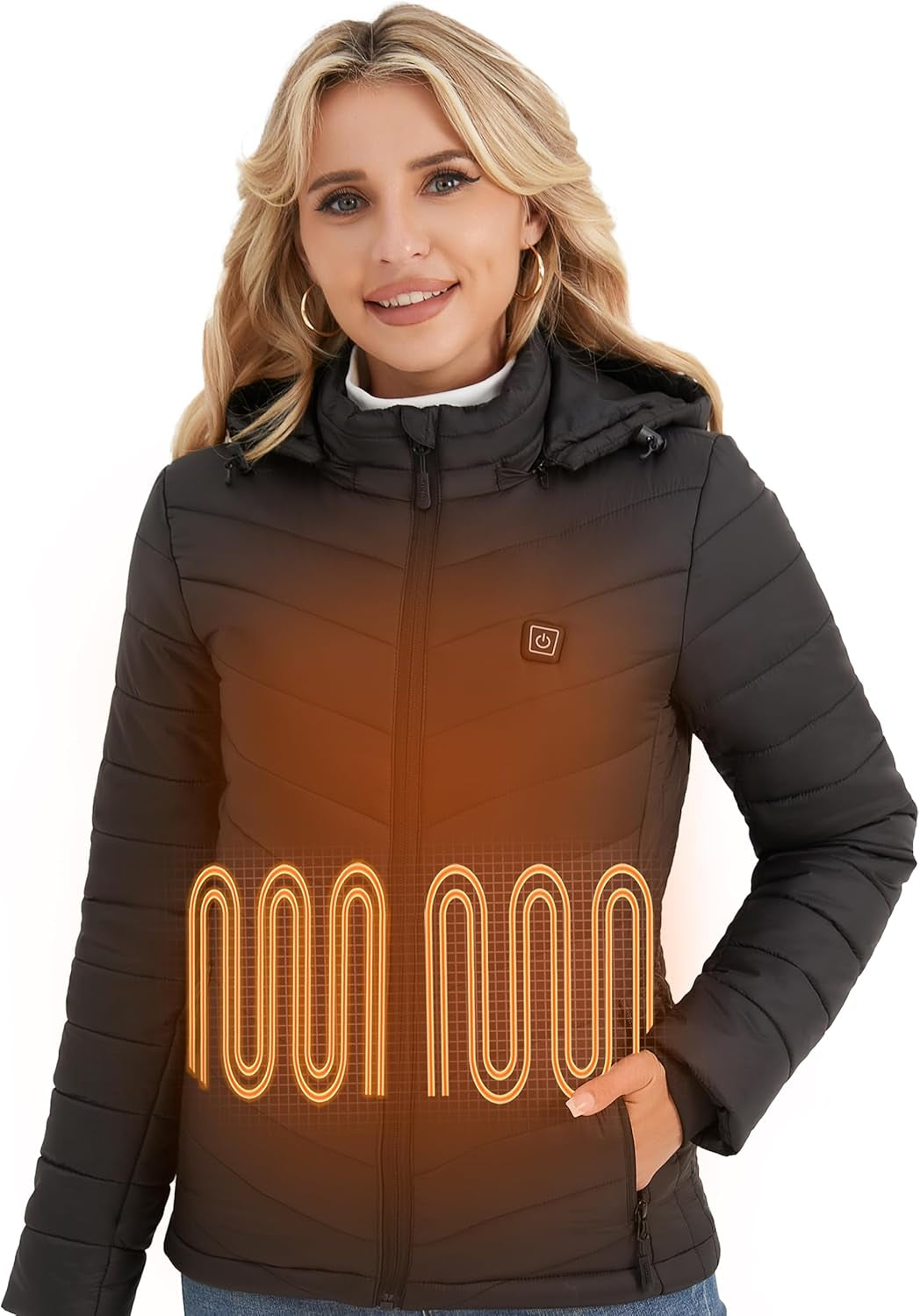 Women's black heated jacket with 6 heating zones front display