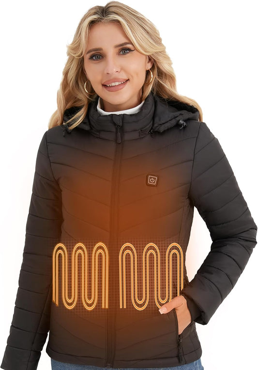 Women's black heated jacket with 6 heating zones front display