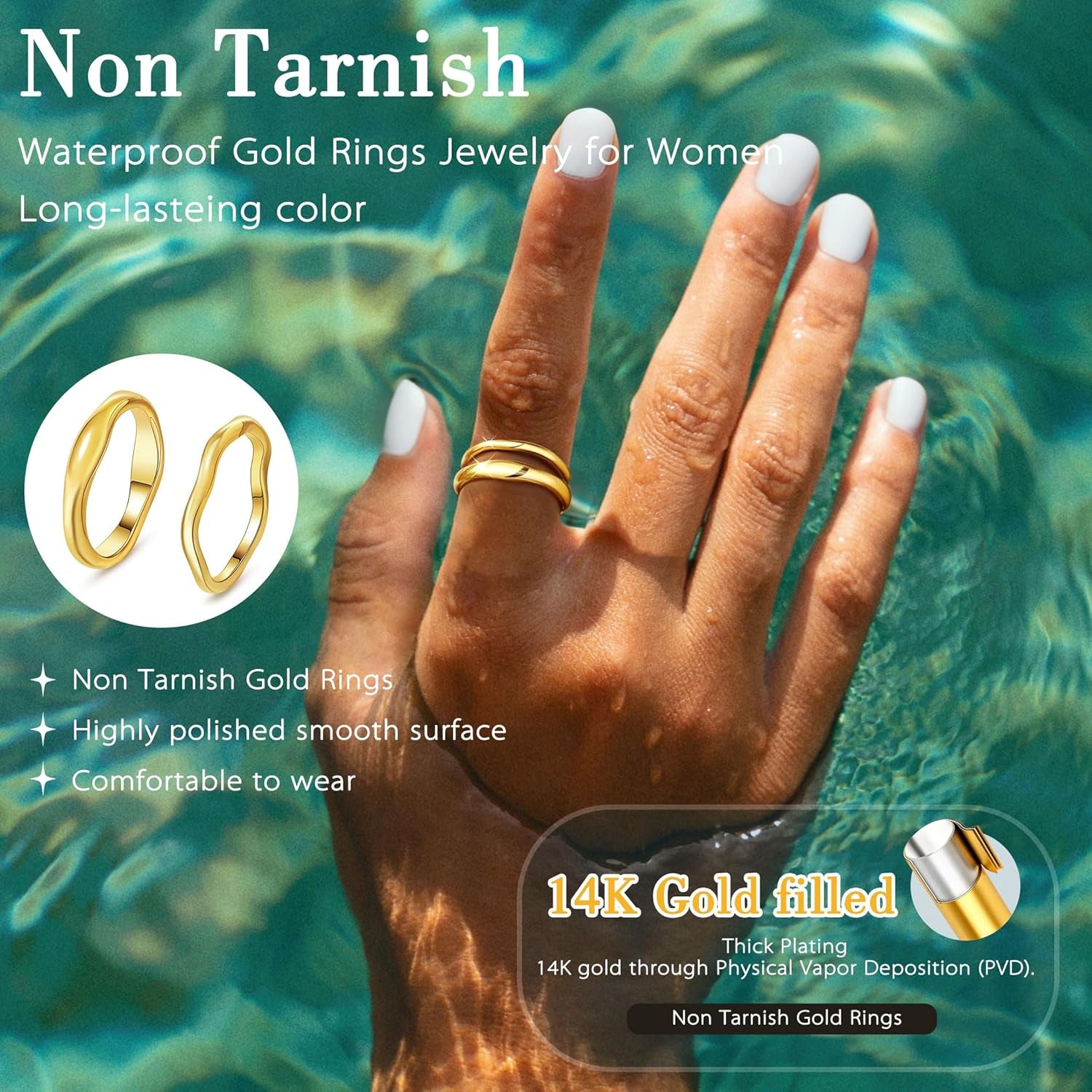 Stackable Gold Rings for Women Non Tarnish, Dainty 14K Gold Plated Chunky Stacking Rings Trendy Statement Pinky Thumb Rings Engagement Eternity Wedding Band Ring Stacking Gold Jewelry Size 4 5 6 7 8 9 10 11