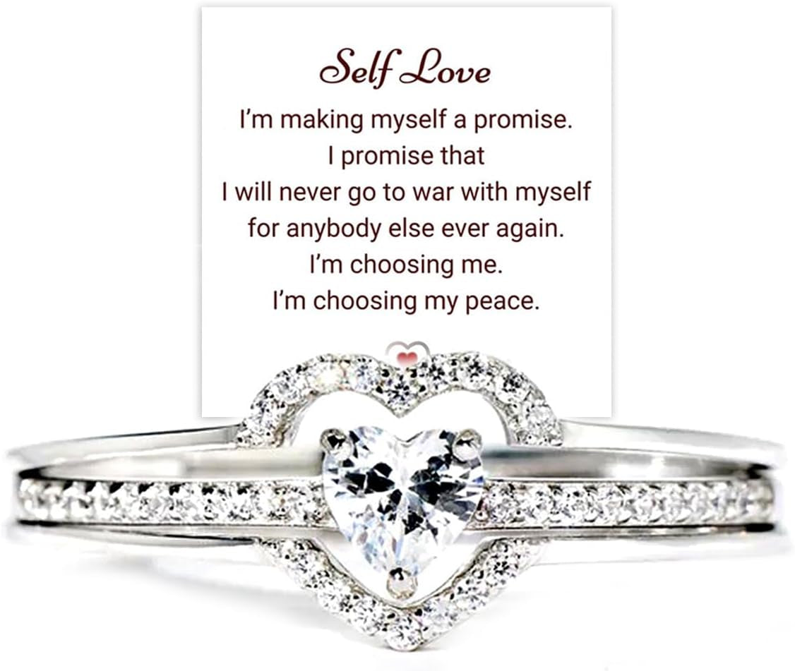 I Choose Me Layered Heart Rings for Woman, 2PCS S925 Self-Love Heart Ring Remind You That Self-Love Is the Best Kind of Love, Inspirational Encouraged Ring Jewelry Gift for Her