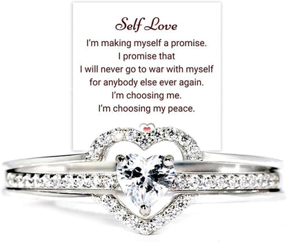 I Choose Me Layered Heart Rings for Woman, 2PCS S925 Self-Love Heart Ring Remind You That Self-Love Is the Best Kind of Love, Inspirational Encouraged Ring Jewelry Gift for Her