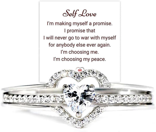 I Choose Me Layered Heart Rings for Woman, 2PCS S925 Self-Love Heart Ring Remind You That Self-Love Is the Best Kind of Love, Inspirational Encouraged Ring Jewelry Gift for Her