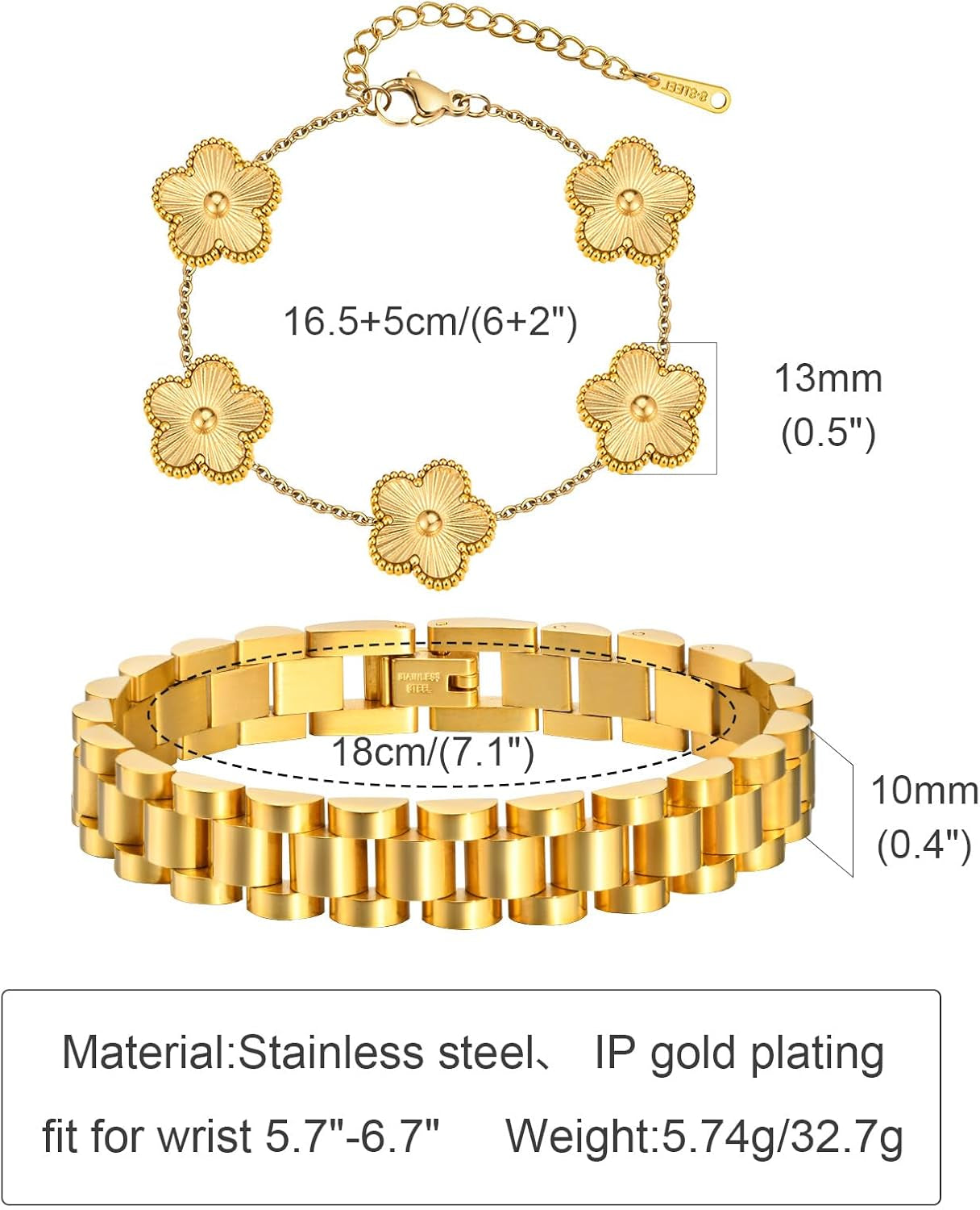 Stackable Gold Floral Bracelets Set , 2Pcs 18K Gold Plated Bracelet Non-Tarnish,Stainless Steel Link Chain Friendship Bracelet,Watch Band Trendy Jewelry,Christmas Valentines Birthday Gifts for Women